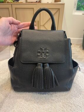 Tory Burch Black Pebbled Leather Tassel Backpack